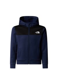 Navyblå hettejakke med glidelås, svarte skulderpaneler, frontlommer og The North Face-logo på venstre side. Mykt, strukturert stoff.