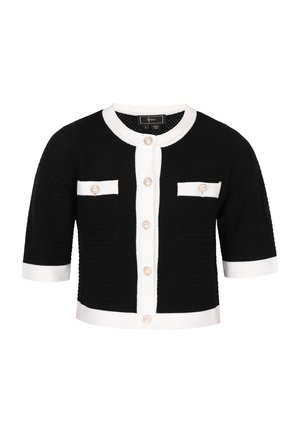 Schwarze, strukturierte Kurzarm-Strickjacke mit weißer Paspelierung, perlenverzierten Knöpfen und zwei vorderen Taschen mit Knopfklappen.