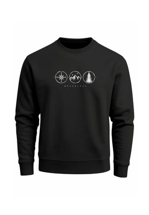Black sweatshirt featuring a round graphic design with compass, mountains, and pine tree icons, accented with the word "NEVERLESS."