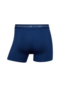 Tummansininen bokserimalli, joka on valmistettu pehmeästä puuvillasta ja jossa on sileä pinta. Mukana on erottuva vyötärönauha, jossa lukee "JBS UNDERWEAR" tummansinisellä.