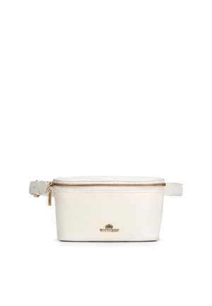Sac banane en cuir de couleur crème avec fermeture éclair dorée et petit logo de marque doré centré sur le devant sur fond blanc.