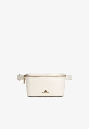 Riñonera de cuero color crema con cremallera dorada y pequeño logotipo dorado de la marca centrado en la parte delantera sobre un fondo blanco.