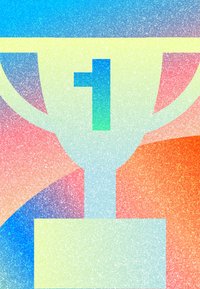 Trophäe mit der Zahl 1 darauf, vor einem farbenfrohen Farbverlauf-Hintergrund mit Blau-, Orange- und Lilatönen.