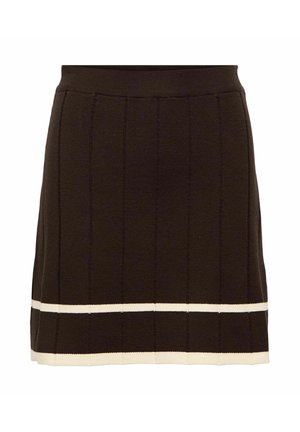 Jupe en tricot marron avec des lignes verticales et des rayures horizontales blanches contrastantes à l'ourlet. Taille ajustée pour un maintien confortable.