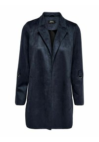 Marinblå fusk-suede kappa med långa ärmar, öppen framsidan och två sidofickor. Har justerbara remmar på ärmarna och en slät textur.