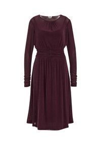 Rochie lungă burgundă cu mâneci lungi, decolteu rotund, talie strânsă și fustă fluidă; materialul are un ușor luciu și o textură netedă.