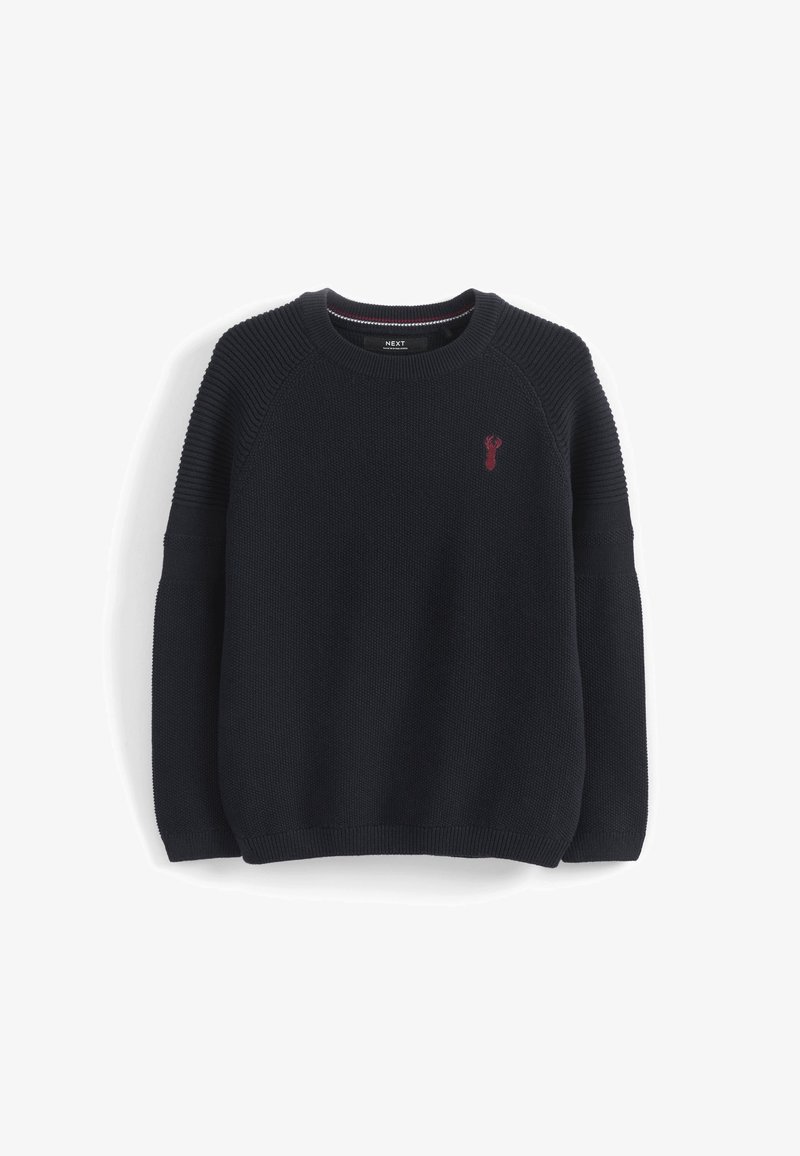 Pull noir en maille à col rond avec épaules et poignets côtelés, arborant un petit emblème de homard rouge sur la poitrine gauche.