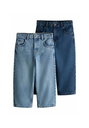 Two pairs of children's denim jeans, one light blue and one dark blue, shown flat with front pockets and button closures.