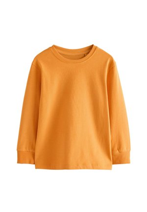 Oranges Langarmshirt aus weicher Baumwolle. Verfügt über einen Rundhalsausschnitt und gerippte Bündchen, mit einer glatten Textur und einem lässigen Schnitt.