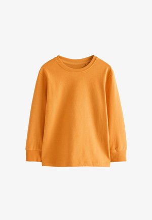Oranges Langarmshirt aus weicher Baumwolle. Verfügt über einen Rundhalsausschnitt und gerippte Bündchen, mit einer glatten Textur und einem lässigen Schnitt.