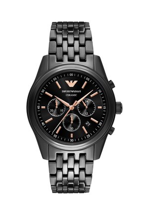 Reloj de pulsera Emporio Armani de cerámica negra con manecillas en oro rosa, tres subesferas, ventana de fecha y correa de eslabones.