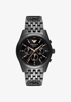 Reloj de pulsera Emporio Armani de cerámica negra con manecillas en oro rosa, tres subesferas, ventana de fecha y correa de eslabones.