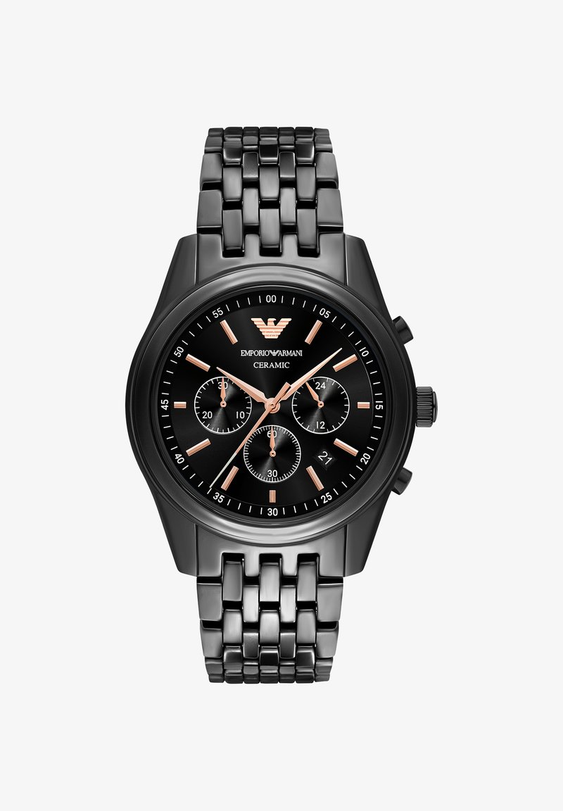 Schwarze keramische Emporio Armani Armbanduhr mit roségoldenen Zeigern, drei Hilfszifferblättern, Datumsfenster und Gliederarmband.