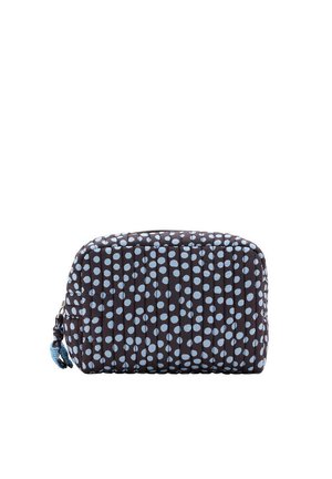 Piccola pochette nera trapuntata con pois azzurri chiari e chiusura a zip con tiretto blu su sfondo bianco.