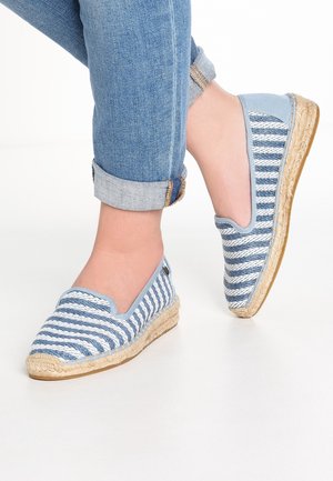 Pieds portant des espadrilles à enfiler bleu et blanc à rayures avec des semelles en jute, associées à un jean bleu retroussé.
