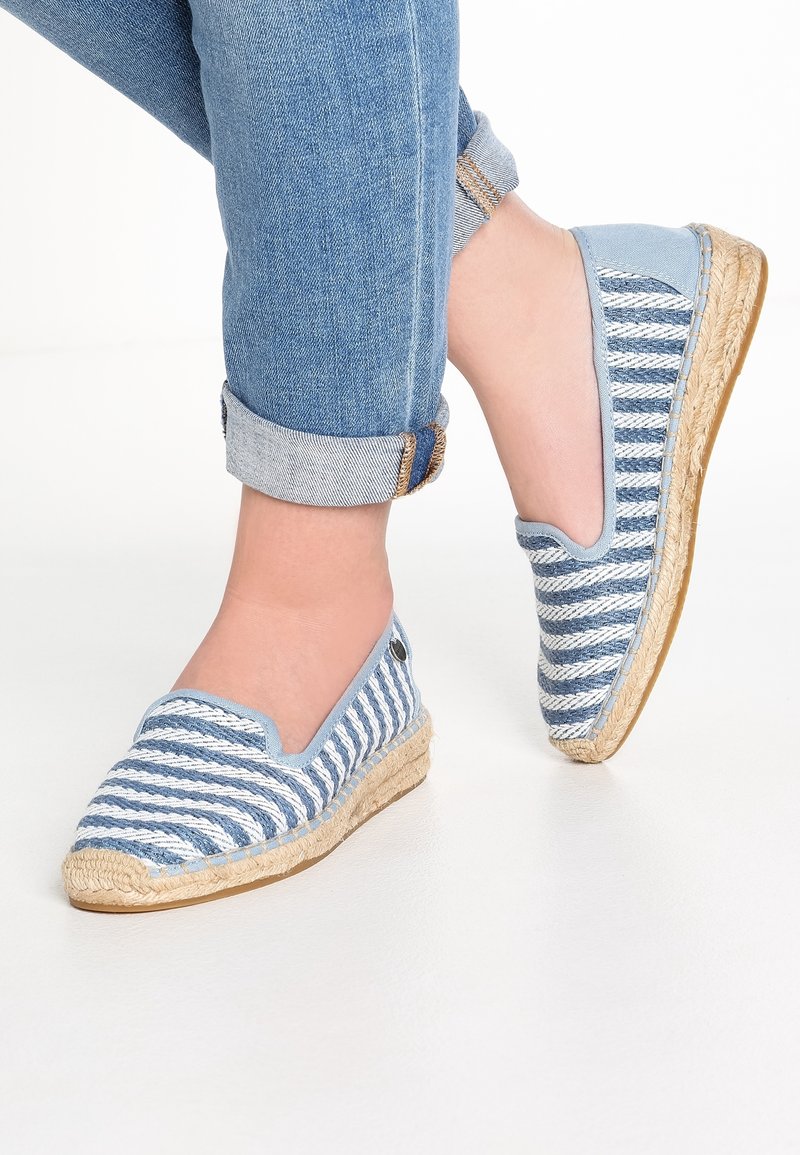 Pieds portant des espadrilles à enfiler bleu et blanc à rayures avec des semelles en jute, associées à un jean bleu retroussé.