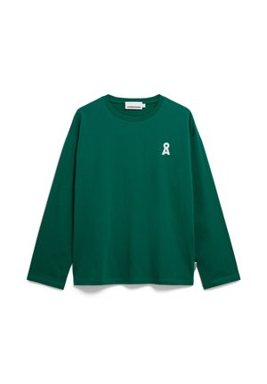 Langarmshirt aus dunkelgrünem Baumwollstoff mit Rundhalsausschnitt. Verfügt über ein kleines weißes Ripsband-Logo auf der linken Brust. Glatte Textur, lässiges Design.