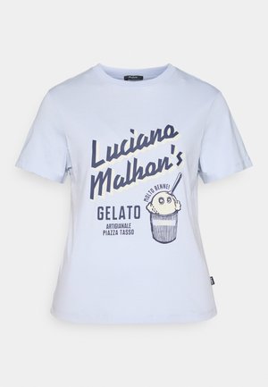 Hele sinine puuvillane t-särk lühikeste varrukatega, millel on trükitud gelato graafika ja tekst tumesinistes ning kreemides värvides.