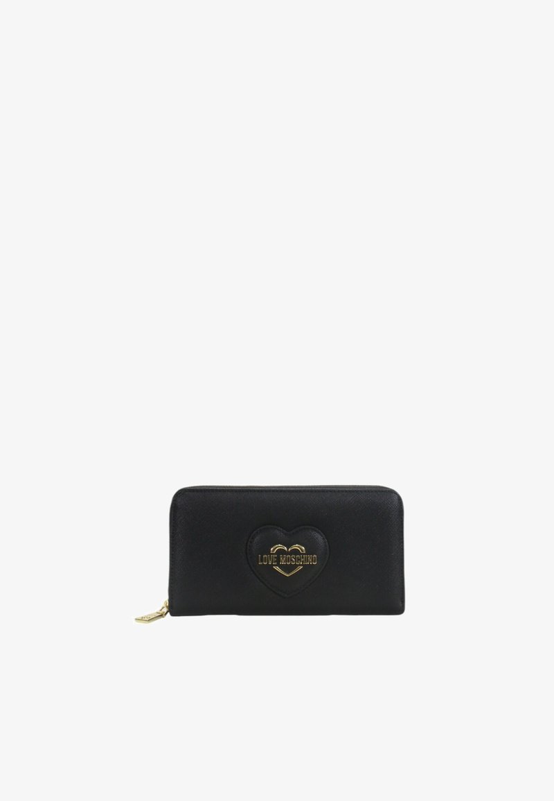 Portefeuille noir en simili cuir avec une fermeture éclair dorée. Il présente une application en relief en forme de cœur avec le texte "LOVE MOSCHINO" en lettres dorées.
