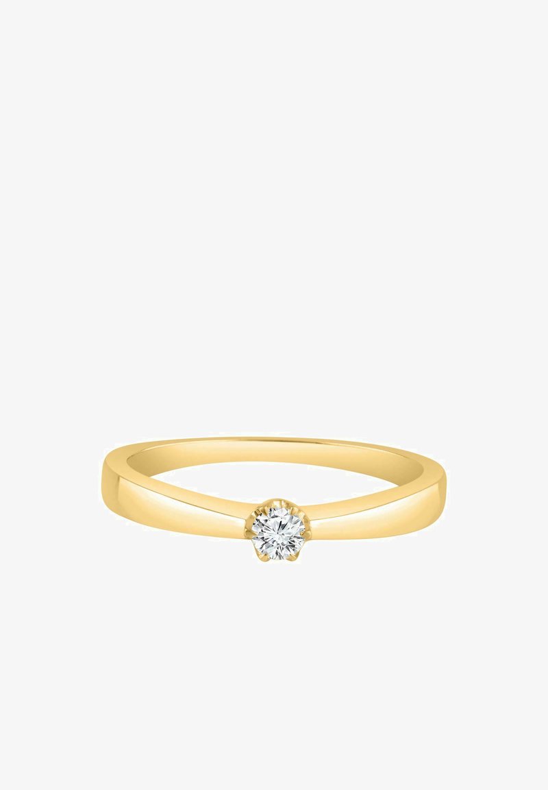 Zlat prstan z gladkim trakom, z osrednjim okroglim diamantnim kamnom, nastavljenim v šestih krempljih. Preprosta in elegantna zasnova.