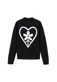 Marineblå genser med et stort hvitt hjerte og blomsterdesign foran, laget av strikket stoff med rund hals og ribbestrikkede mansjetter.