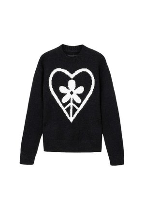 Marineblå genser med et stort hvitt hjerte og blomsterdesign foran, laget av strikket stoff med rund hals og ribbestrikkede mansjetter.