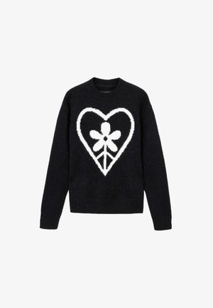 Marineblå sweater med et stort hvidt hjerte og blomstergrafik på forsiden, lavet af strikket stof med rund hals og ribbede ærmer.