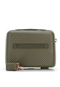 Borsa rettangolare verde oliva con texture a righe diagonali, manico sottile e tracolla staccabile con finiture e accessori in oro rosa.