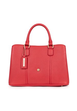 Borsa a tracolla in pelle rossa con texture, manici superiori doppi, dettagli in metallo dorato e un piccolo tag. Forma rettangolare, design strutturato.