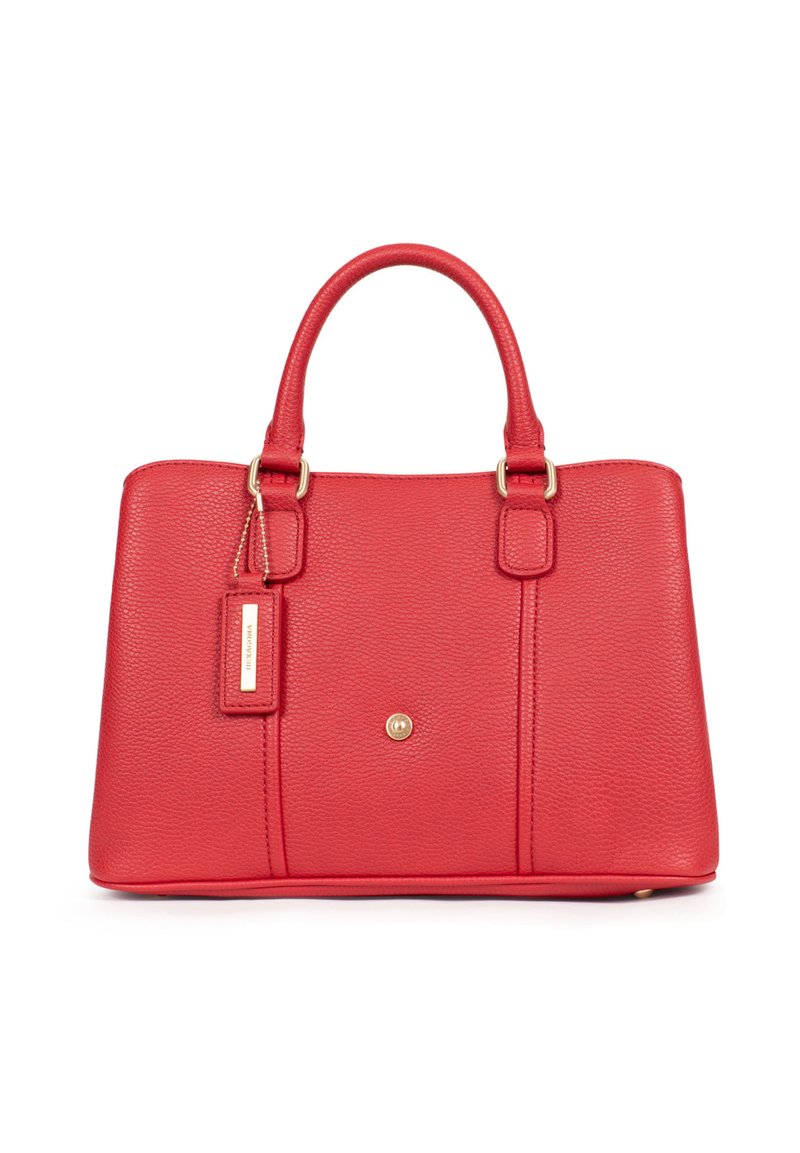 Borsa a tracolla in pelle rossa con texture, manici superiori doppi, dettagli in metallo dorato e un piccolo tag. Forma rettangolare, design strutturato.