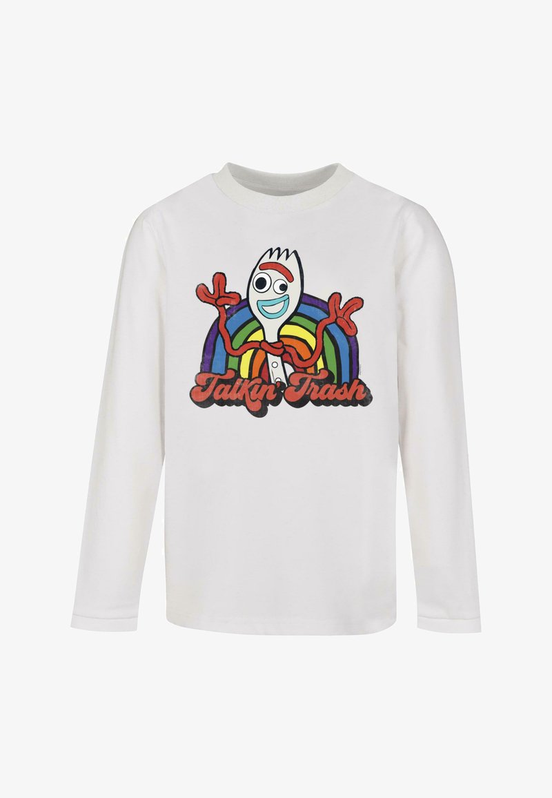 White long-sleeve shirt featuring a cartoon fork character with a blue face and red limbs, surrounded by a rainbow and "Talkin' Trash" text.