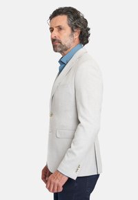 Blazer gris claro en tejido texturizado, con cierre de un botón, corte ajustado, bolsillos laterales, puños de tres botones, llevado sobre una camisa a cuadros azul.