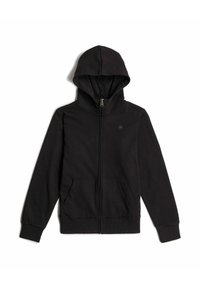 Sudadera negra con cremallera, hecha de un tejido suave, con capucha, bolsillos frontales y puños acanalados. Logo sutil en el pecho.
