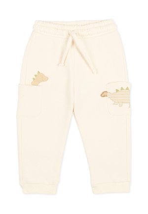 Pantaloni per bebè color crema con vita elastica e coulisse, con disegni di dinosauri sulle tasche frontali e polsini a costine alle caviglie.