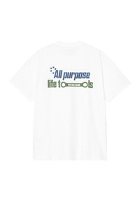 Biała bawełniana koszulka z graficznym nadrukiem na plecach, z napisem "Wszechstronne narzędzia życia" w niebieskim i zielonym kolorze, umieszczonym centralnie nad wzorem klucza.