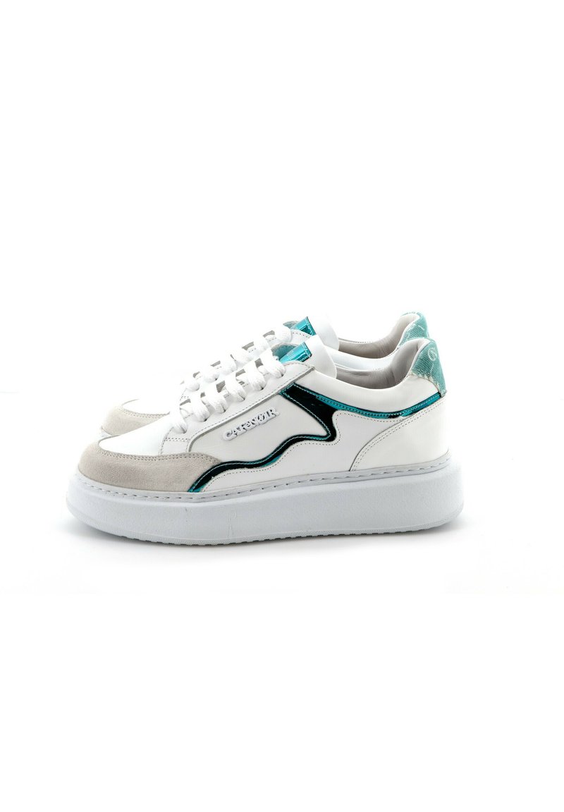Zapatilla blanca con un revestimiento de ante texturizado, acentos en color teal y una suela blanca gruesa. Presenta un diseño de olas negras y detalles de tela en el talón.