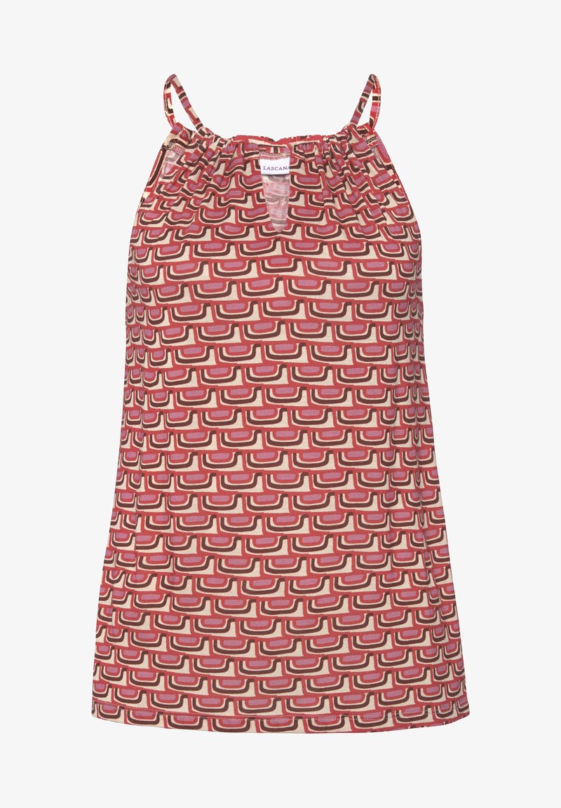 Ärmelloses Top mit rundem Ausschnitt, aus leichtem Stoff mit einem geometrischen Muster in Rot, Pink und Creme. Geraffte Details an den Schultern.