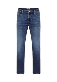 Ciemnoniebieskie dżinsy o prostym kroju, pięć kieszeni, zapięcie na zamek błyskawiczny z przodu oraz guzik. Delikatnie wyblakłe miejsca dodają faktury.