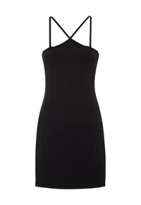 Melna ribota mini kleita ar plānām krusteniskām siksnām. Pieguļošs dizains, gluda tekstūra un nav redzamu rotājumu.