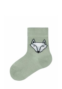 Calzino verde chiaro con design di una faccia di volpe in bianco e nero. Polsino a costine, texture liscia e punta rinforzata per durabilità.