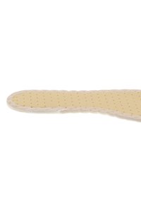 Beige, padded ironing board cover with a textured surface and perforations, edged with a white, scalloped trim for easy fitting.