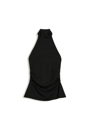 Schwarzes ärmelloses Neckholdertop mit gerafften Seiten und figurbetonter Silhouette, auf weißem Hintergrund dargestellt.