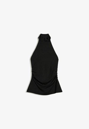 Schwarzes ärmelloses Neckholdertop mit gerafften Seiten und figurbetonter Silhouette, auf weißem Hintergrund dargestellt.