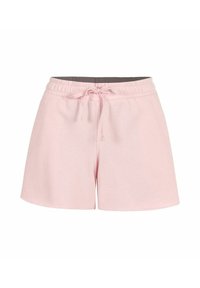 Shorts de algodón rosa con cintura elástica y cordón, que presentan un diseño simple y una textura suave. Los extremos del dobladillo son rectos.