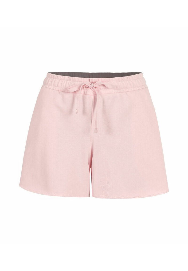 Shorts de algodón rosa con cintura elástica y cordón, que presentan un diseño simple y una textura suave. Los extremos del dobladillo son rectos.