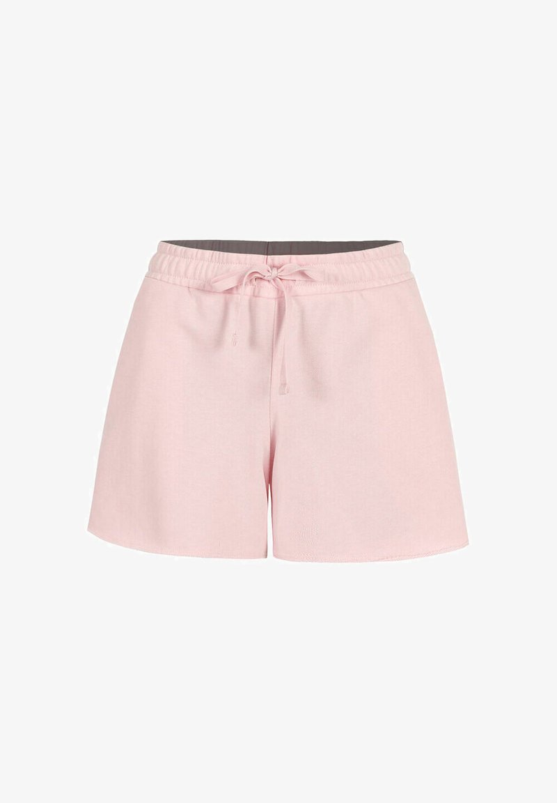 Shorts de algodón rosa con cintura elástica y cordón, que presentan un diseño simple y una textura suave. Los extremos del dobladillo son rectos.