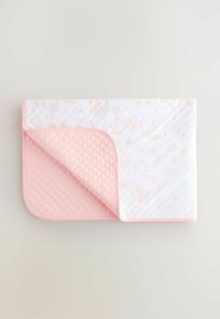 Rectangular quilt with a pink quilted underside and a white top featuring subtle pink floral patterns. Edges are trimmed in pink.