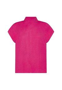 Camicia a maniche corte con colletto alto di colore rosa brillante. Realizzata in un tessuto morbido con una vestibilità ampia. Nessun motivo prominente o accessori visibili.