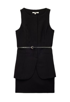 Abito nero senza maniche con copertura aderente, orlo svasato, due tasche frontali e una sottile cintura nera con una fibbia rotonda in vita.