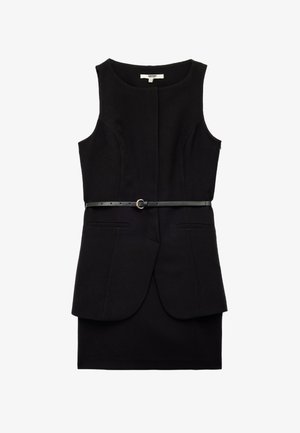 Abito nero senza maniche con copertura aderente, orlo svasato, due tasche frontali e una sottile cintura nera con una fibbia rotonda in vita.